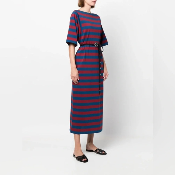 Tory Burch Logo-Belted Striped Midi-Dress Red Navy - Picture 1 of 10
